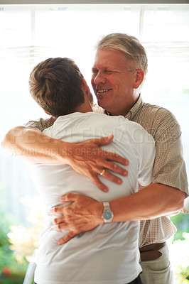 Buy stock photo Grandfather, teenager and hug with smile, family and embrace with love, grandchild and home. Grandparent, support or bonding together for relationship, happy and retired with boy, house or senior man