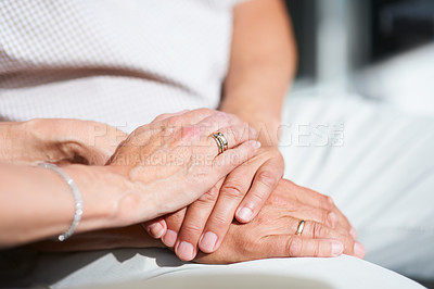 Buy stock photo Marriage, holding hands or old couple with support, trust or hope in commitment together at home. Zoom, wedding ring or senior man bonding to relax with a mature woman on anniversary for love or care
