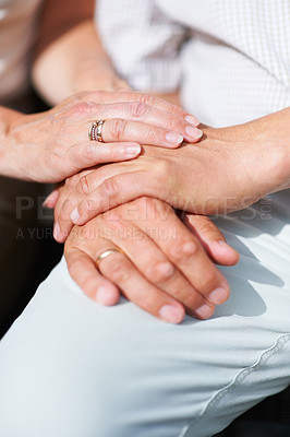 Buy stock photo Marriage, holding hands or old couple with support, love or hope in commitment together at home. Zoom, wedding ring or senior man bonding to relax with a mature woman on anniversary for trust or care