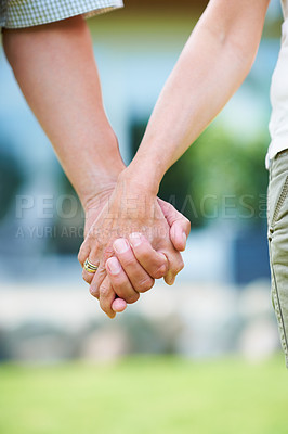 Buy stock photo Couple, love or holding hands for support in park, nature or outdoors on a romantic walk in summer. Wellness, romance or closeup of man with woman bonding, affection or enjoying date together outside