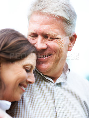 Buy stock photo Senior couple, happy and smiling with hug and marriage with embrace, outdoor and retired. Retirement, elderly or love for commitment, bonding together or care for romantic relationship, man or woman
