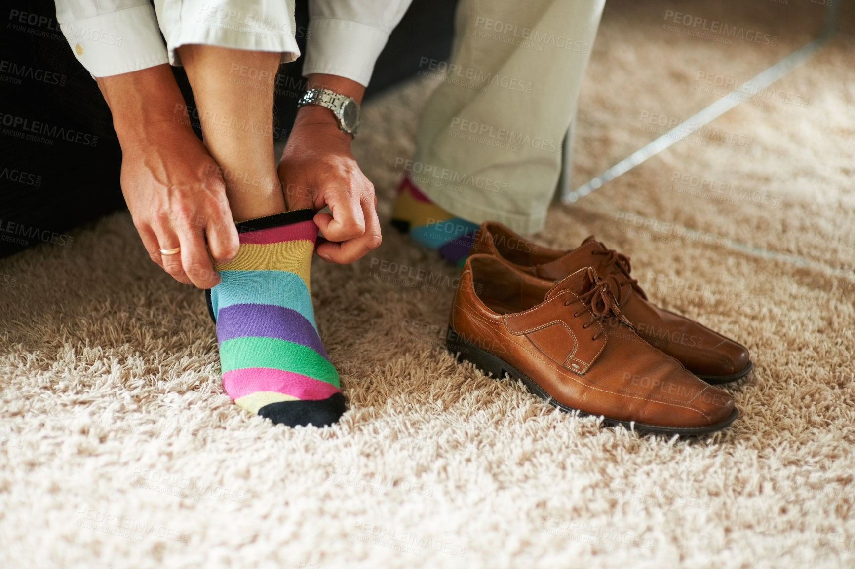 Buy stock photo Man getting ready, shoes and socks on carpet in home, putting on business fashion and start to day. Businessman dressing for work in morning, feet on floor with style and wardrobe for office career.