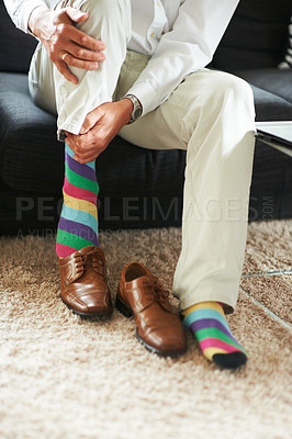 Buy stock photo Businessman getting ready, shoes and socks on carpet in home, putting on business fashion and start to day. Man dressing for work in morning, feet on floor with style and wardrobe for office career.