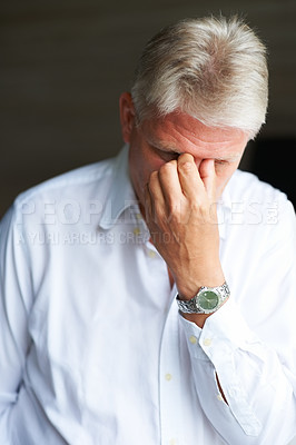 Buy stock photo Mature man with mental health, thinking and stress in home with doubt, anxiety for decision and lonely memory. Sad, frustrated and worried senior person with insight, reflection or retirement fatigue