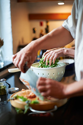 Buy stock photo Couple, hands cooking together and healthy food, love and marriage with fresh vegetables in home. Meal prep, man and woman at kitchen counter with support, diet and salad for dinner in apartment.