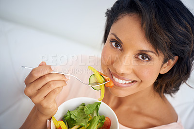 Buy stock photo Eating, salad and portrait of happy woman with lunch, nutrition and wellness in diet. Healthy food, fruit and vegetables in bowl for meal on sofa in home living room with happiness and a smile