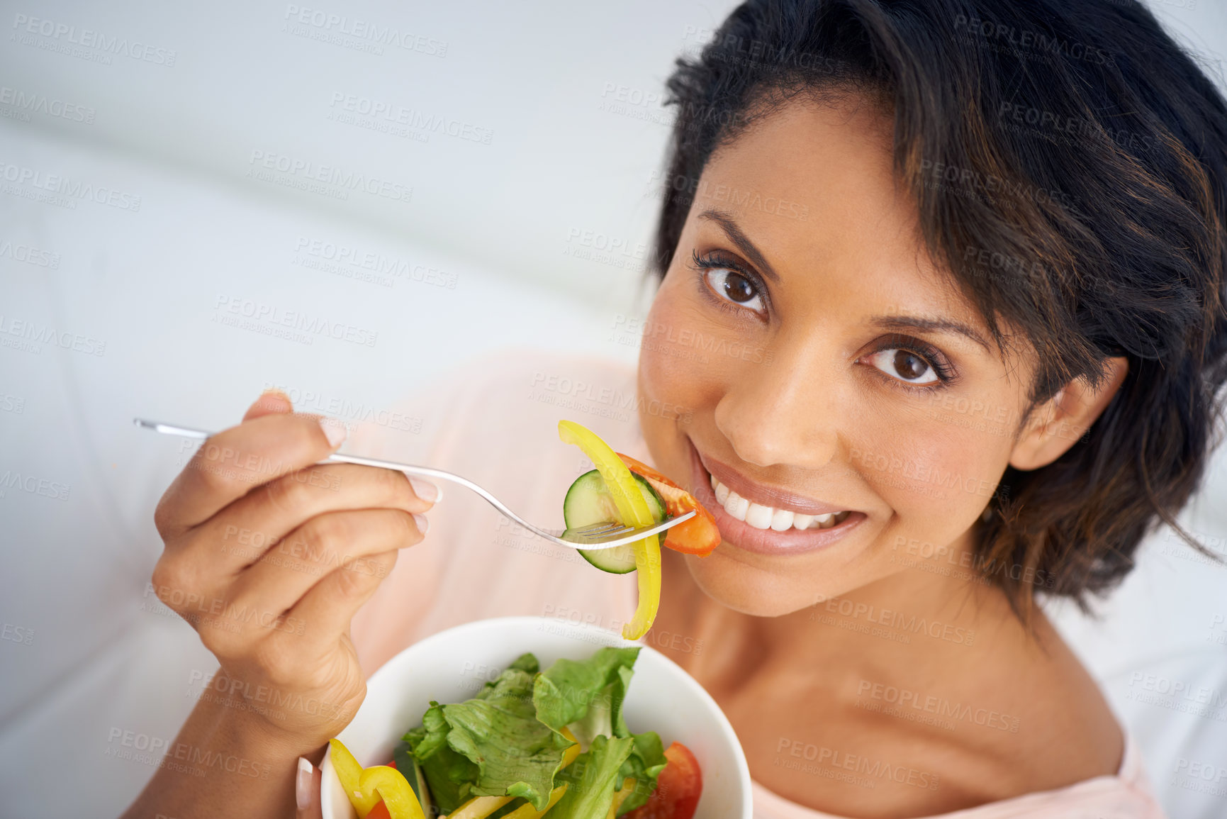 Buy stock photo Eating, salad and portrait of happy woman with lunch, nutrition and wellness in diet. Healthy food, fruit and vegetables in bowl for meal on sofa in home living room with happiness and a smile