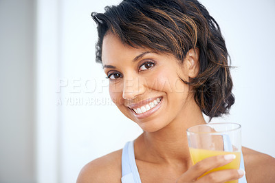 Buy stock photo Orange juice, glass and happy woman portrait with health breakfast, nutrition and vitamin c benefits for energy. Brazil nutritionist, wellness and glow face with fruit drink, detox and  antioxidant