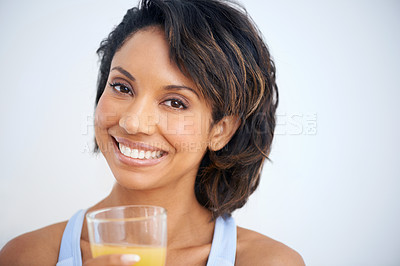 Buy stock photo Fitness, studio and portrait of woman with juice, smile and healthy breakfast diet for weight loss. Nutrition, detox and wellness, happy face of girl with vitamin c drink in glass on white background
