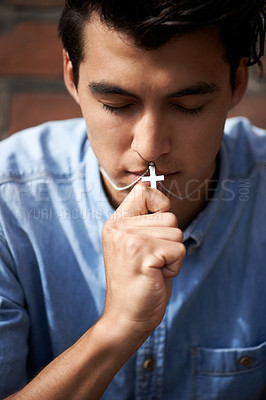 Buy stock photo Man, mouth and praying with crucifix for faith, worship and spirituality for soul, support and belief. Male person, confession and hope for forgiveness from god, gratitude and trust in religion