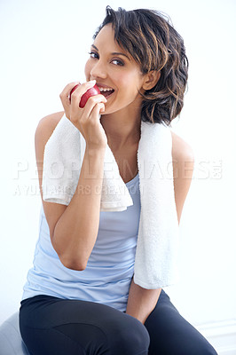 Buy stock photo Fitness, studio and portrait of happy woman with apple, smile and healthy breakfast diet for weight loss. Nutrition, detox and exercise, face of girl eating fruit on white background for wellness.