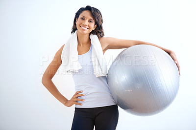 Buy stock photo Gym, fitness and portrait of woman with a Swiss ball in studio on for weight loss training on white background. Workout, face and happy personal trainer with inflatable for body, health or exercise