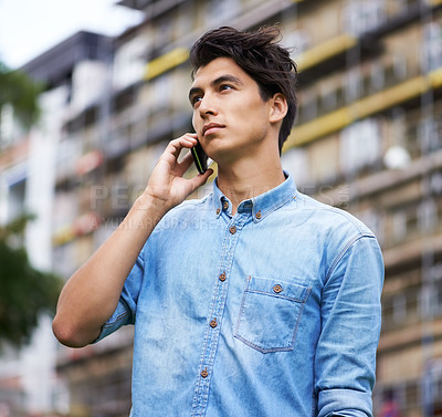 Buy stock photo Man, phone call and communication in city outdoors, contact and networking or conversation on mobile. Filipino male person, technology and discussion or chatting, talk and smartphone or urban town