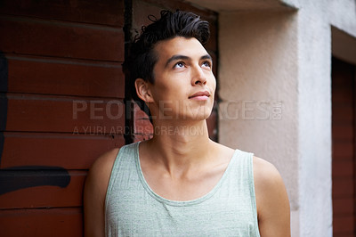 Buy stock photo Man, smile and thinking of future, wall and outdoors for fashion, cool and trendy or stylish for confidence. Filipino male person, happy and vision or idea for growth, positive mindset and planning
