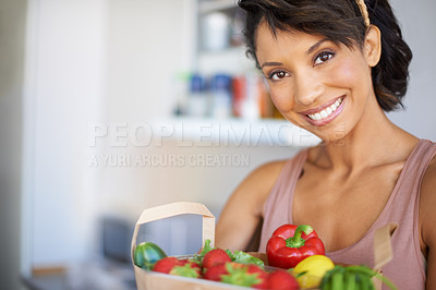 Buy stock photo Happy woman, portrait and bag with groceries, vegetables or fresh produce in kitchen for meal at home. Female person or shopper smile with grocery resources, fruits or veg for food or health at house