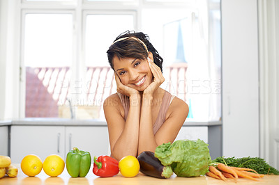 Buy stock photo Portrait, table and woman with vegetables, home and smile with wellness, vegan and cooking. Person, happy and girl with healthy food, nutrition and fresh with salad, apartment and hungry with variety
