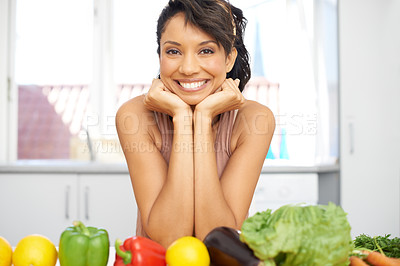 Buy stock photo Portrait, salad and woman with vegetables, smile and apartment with wellness, home and cooking. Person, happy and girl with healthy food, nutrition and fresh with meal, diet and hungry with vegan