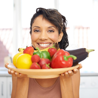 Buy stock photo Portrait, cooking and vegetables with a woman in the kitchen of her home for nutrition, diet or meal preparation. Face, ingredients and a recipe for health food with a young person in her apartment