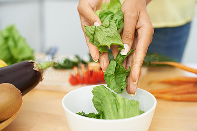 Buy stock photo Closeup, hands and woman with salad, bowl and nutrition with wellness, lettuce and ingredients. Person, kitchen or girl with vegetables, home or food with lunch, breakfast or natural plant based diet