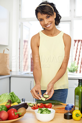 Buy stock photo Portrait, salad and woman with vegetables, kitchen and smile with wellness, home and cooking. Person, happy and girl with healthy food, nutrition and fresh with meal, apartment and hungry with vegan