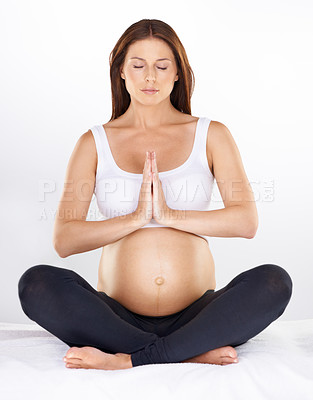 Buy stock photo Yoga, meditation and pregnancy with woman, fitness and wellness with peace, breath and chakra. Yogi, home or girl with lotus, workout or calm with pilates, zen or exercise with health or pregnant