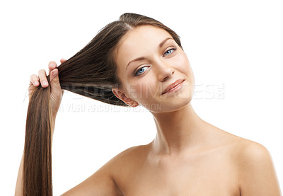 Buy stock photo Beauty, strong hair and portrait of happy woman isolated in studio with salon hairstyle, confidence and cosmetics. Haircare, keratin and face of model girl with healthy growth on white background.