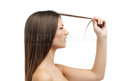 Buy stock photo A beautiful young woman frustrated by her split ends while isolated on a white background