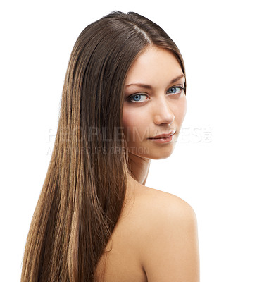 Buy stock photo Hair, beauty portrait and woman for shampoo results or keratin treatment, long healthy brunette and studio mockup. France model, glow face or cosmetic, self care body or wellness by white background