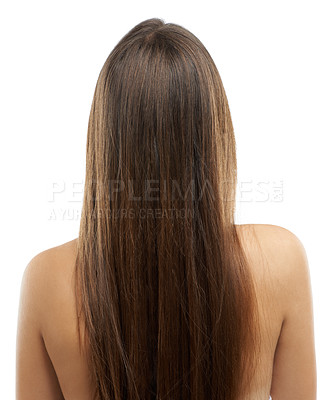 Buy stock photo Hair, woman and treatment in studio with back view for mock up on white background in Russia. Female model, head and texture for heat, damage or mask with keratin, botox or hydration for self care