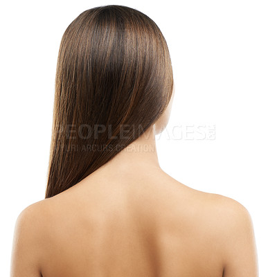 Buy stock photo Rear view of a young woman with long, luxurious hair isolated on a white background