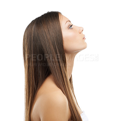 Buy stock photo A lovely young woman with luxurious hair isolated on a white background