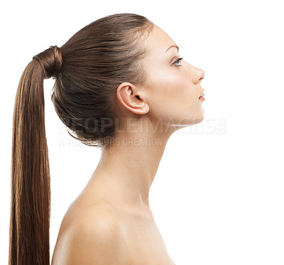 Buy stock photo Profile of a lovely young woman with luxurious hair