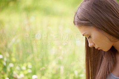 Buy stock photo Thinking, grass and woman in nature for reflection, memory and relax on summer weekend. Field, countryside and banner of person sitting in meadow for calm, peace and fresh air on holiday or vacation