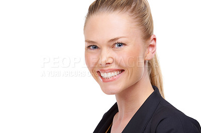 Buy stock photo Portrait, smile and space with a business woman in studio isolated on a white background for work. Face, mockup and a happy young corporate employee looking confident as a professional in her career
