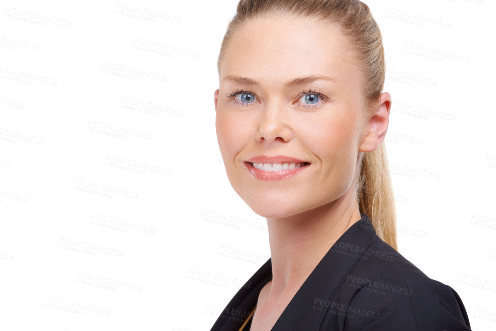 Buy stock photo Portrait, space and a confident business woman in studio isolated on a white background for work. Face, smile and mockup with a happy young corporate employee looking positive as a professional