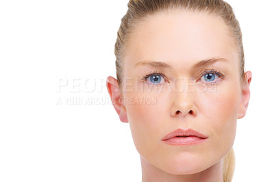 Buy stock photo Portrait, beauty and space with a woman in studio isolated on a white background for natural skincare. Face, aesthetic and a serious young model on mockup for marketing or advertising spa treatment
