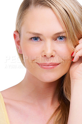 Buy stock photo Portrait, beauty and skincare with a blue eyes woman closeup in studio isolated on a white background. Face, aesthetic or wellness with a natural young model looking happy with her skin treatment