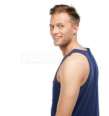 Buy stock photo Portrait, smile and fashion with a man in studio isolated on a white background to wear a tank top. Relax, casual and a happy young model in a trendy or comfortable clothes outfit with mockup space
