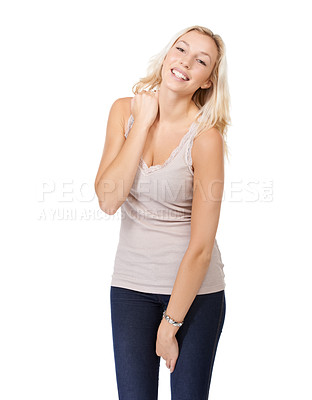 Buy stock photo Happy, stylish and portrait of woman in studio on white background for fashion mock up in Russia. Female model, confident and hand on neck for relaxed pose in trendy, cool or casual look with clothes