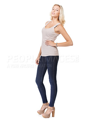 Buy stock photo Portrait, woman and fashion for clothes in studio for white background for mock up in Russia. Face, female model or serious expression for relaxed, calm and pose for cool, hip or trendy style