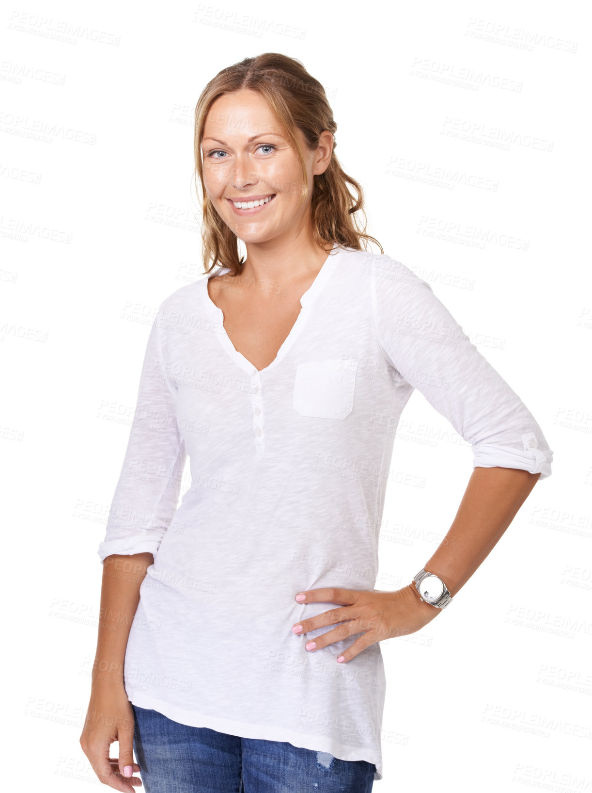 Buy stock photo Happy, fashion and portrait of woman in a studio with casual, trendy and stylish outfit. Smile, attractive and beautiful young female model from Australia with cool style isolated by white background