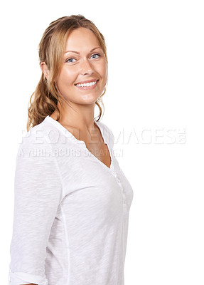 Buy stock photo Portrait, woman and smile with beauty, confidence and lady isolated on a studio white background. Face, girl and model with casual outfit, mockup space and happiness with peace, Canada and cheerful