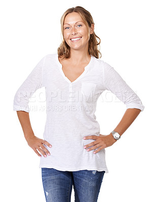 Buy stock photo Smile, style and portrait of woman in a studio with casual, trendy and stylish outfit. Happy, attractive and beautiful young female model from Australia with cool fashion isolated by white background