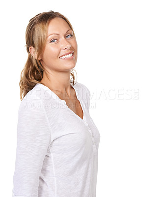 Buy stock photo Portrait, woman and smile with beauty, calm and lady isolated on a white studio background. Face, girl and model with casual outfit, mockup space and happiness with peace, Canada and cheerful