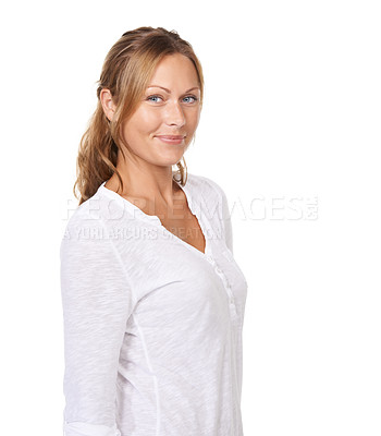 Buy stock photo A young woman standing and smiling at the camera