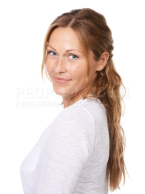 Buy stock photo Woman, smile and portrait natural beauty in studio isolated on white background, calm or confident. Female person, model and face as mockup space for cheerful mood or casual peace, friendly in Canada