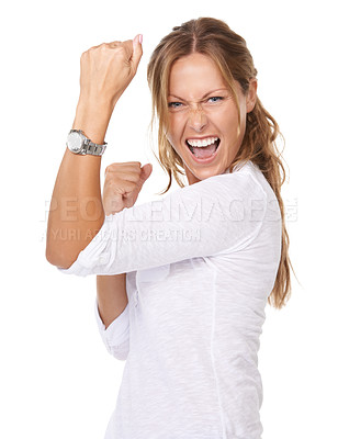 Buy stock photo Happy, celebration and woman flexing in studio for arm muscles, empowerment or winning gesture. Smile, excited and portrait of female person from Canada with confident expression by white background.