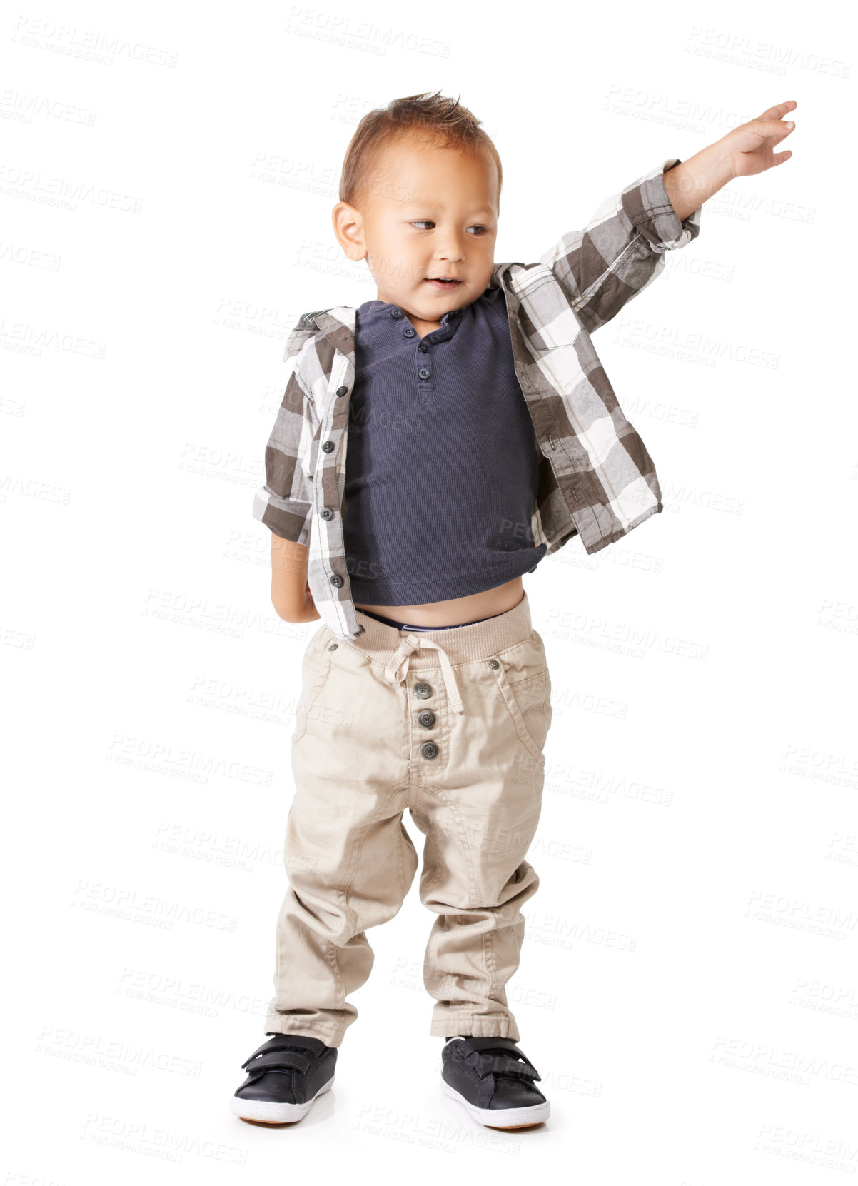 Buy stock photo Child, fashion and happy with pointing for deal or announcement on white background. Toddler, finger and customer to discount sale or promotion, advertising or kids news, shopping in studio mockup