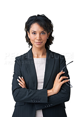 Buy stock photo Businesswoman, arms crossed and portrait in studio as confident financial manager or professional career clothes, proud or style. Black person, face and employee as mockup, white background for smile