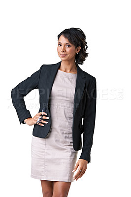 Buy stock photo Business, woman or portrait in studio confidence as financial manager professional career clothes, proud or style. Female person, face or employee fashion mindset, mockup isolated on white background